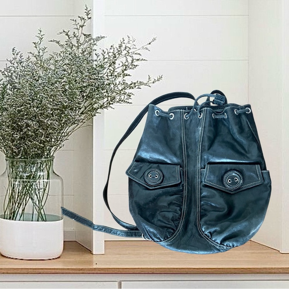 Maxx Black Leather Drawstring Bucket Bag.